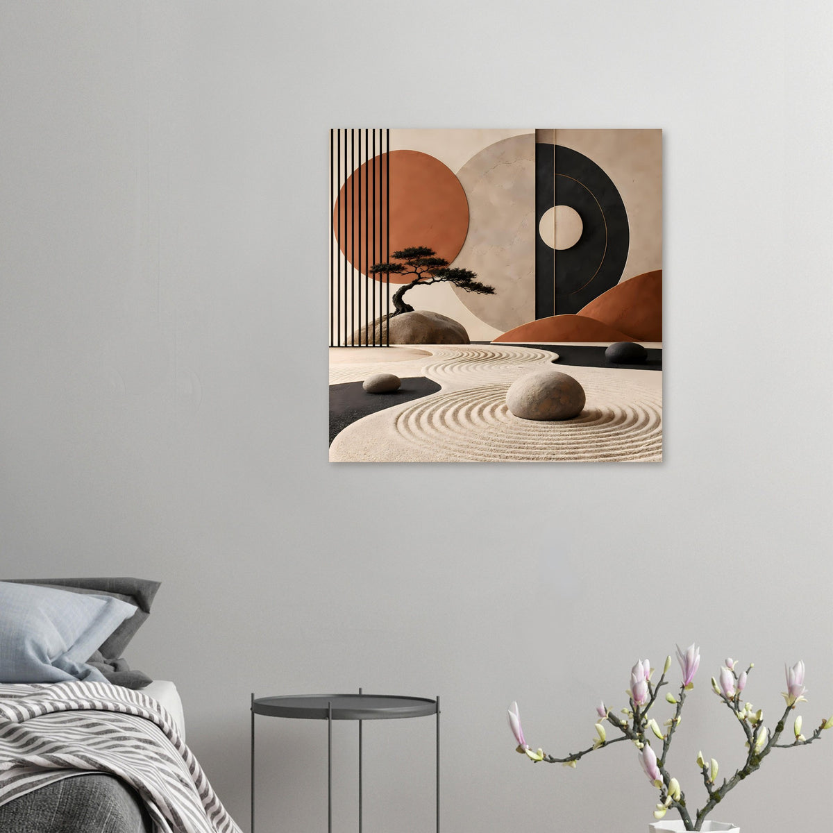Kleines Zen-Poster mit Baum, Steinen und Sandmustern in Braun-Beige