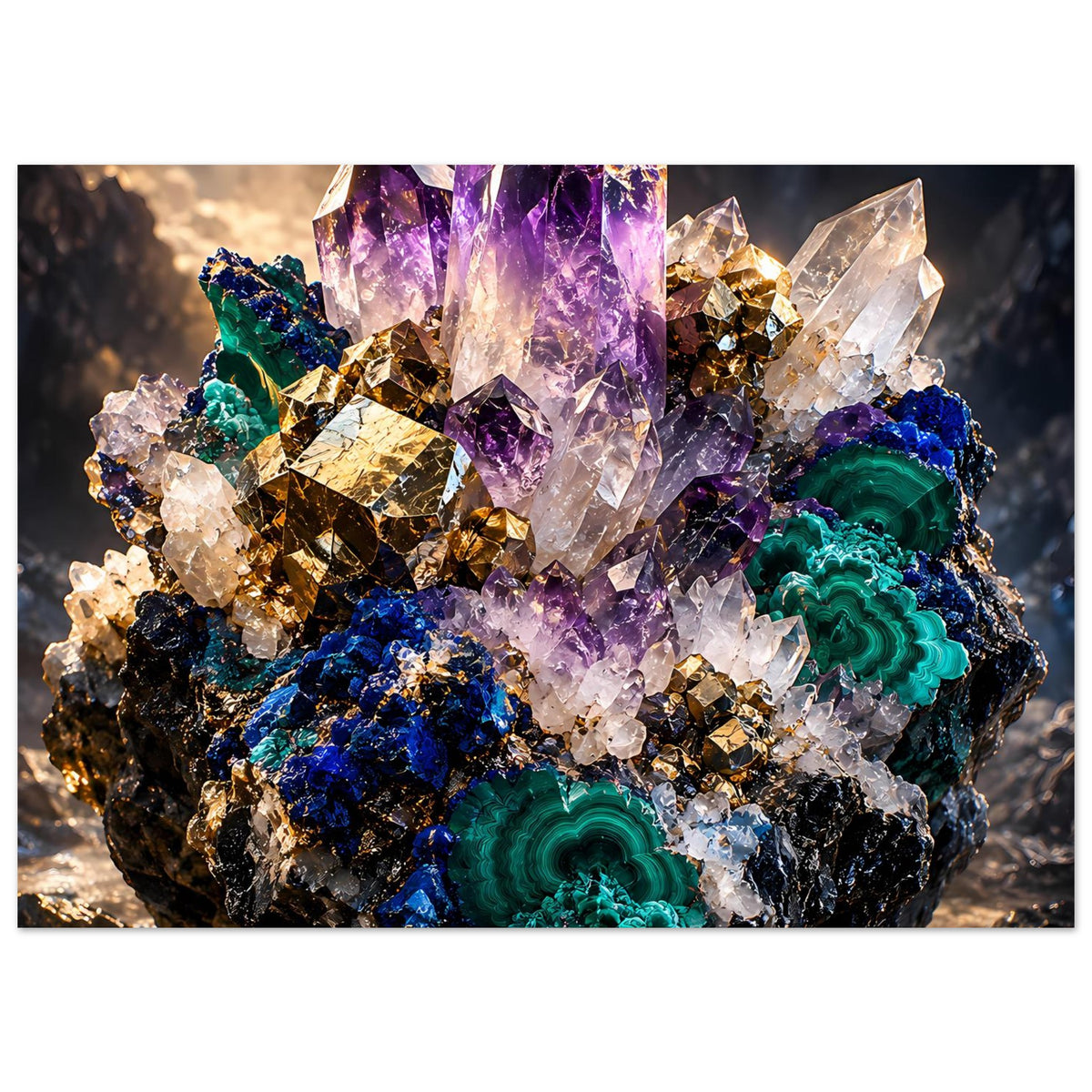 Kristallposter mit großen violetten Amethystkristallen, türkisgrünem Malachit und goldenen Kristallflächen.
