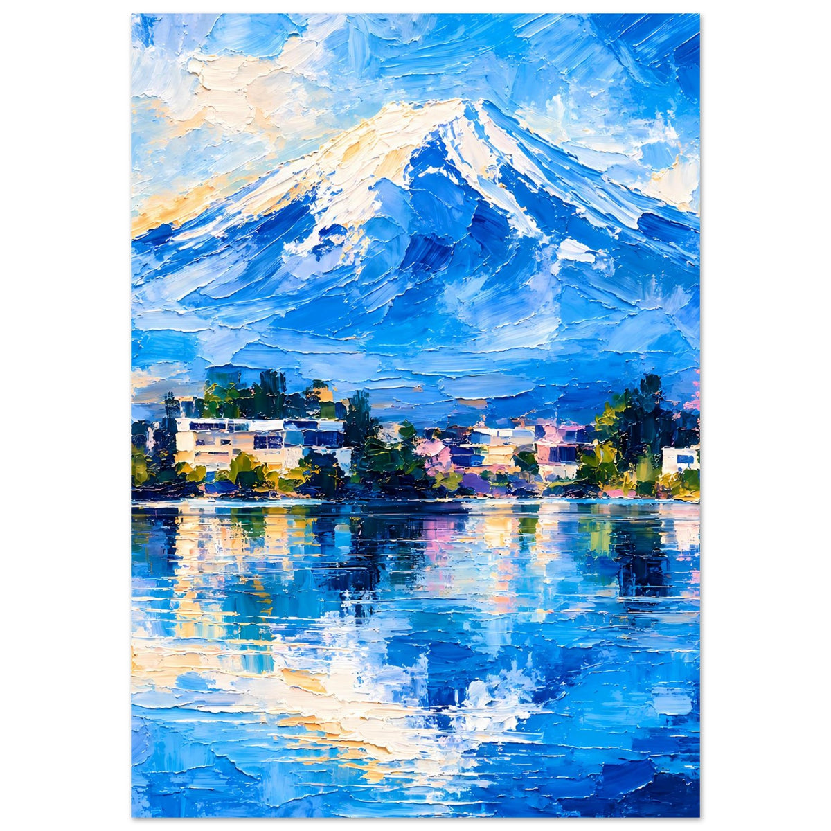 Kunstdruck Poster Hochformat mit Berggipfel in Blau und spiegelndem See, farbenfroh