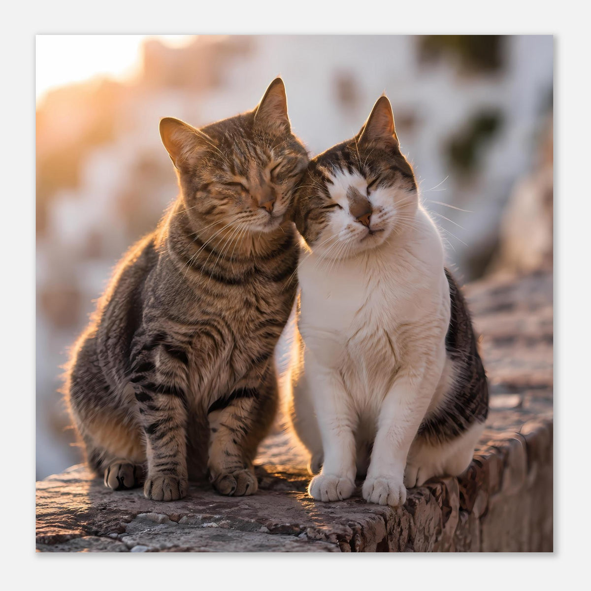 Poster mit zwei Katzen, braun gestreift und weiß, sitzend an der Steinmauer