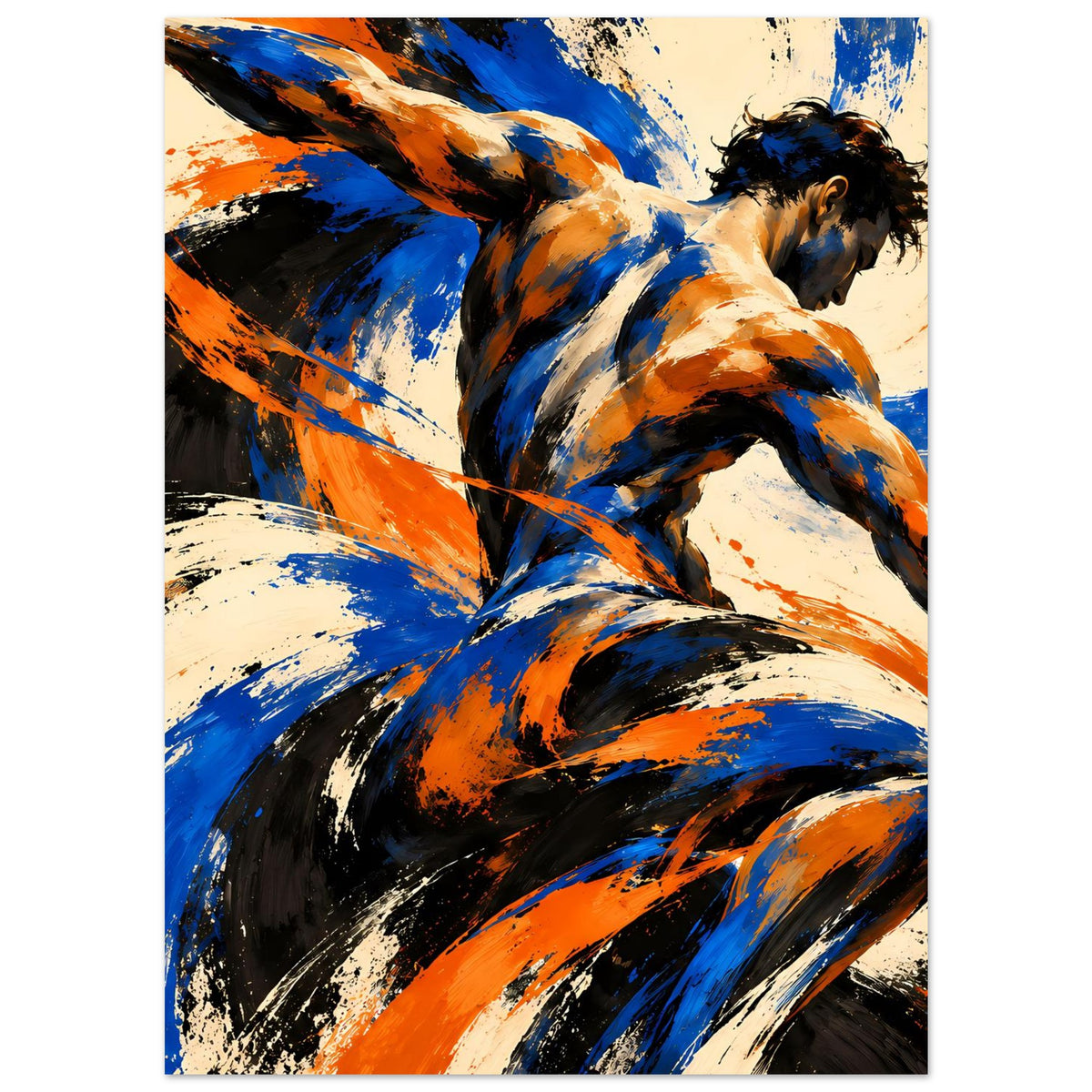 Kunstposter im Hochformat mit abstrakter Sportfigur, Pinselstrichen in Blau, Orange und Schwarz