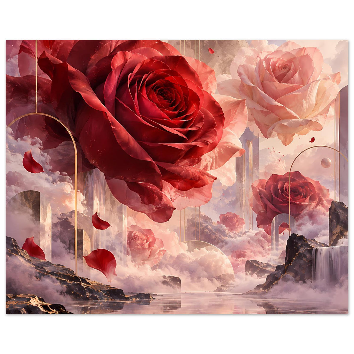 Poster mit roten Rosenblüten, rosafarbenem Rosenmotiv und Wasserfall unten