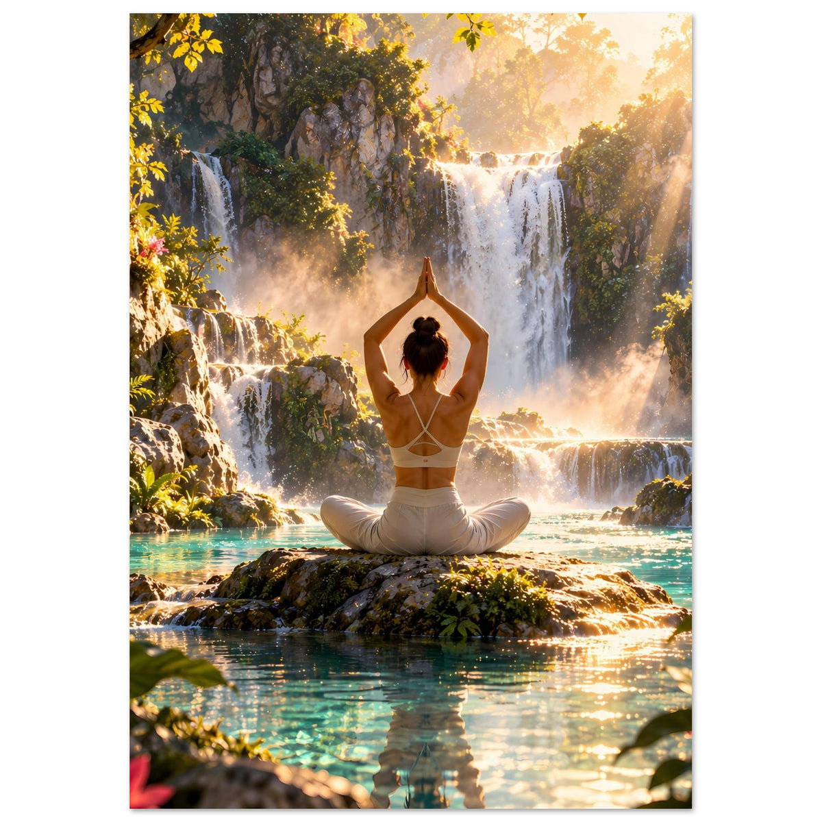 Yoga-Meditationsposter (Hochformat): Frau meditiert, Hände nach oben, Wasserfalllandschaft.