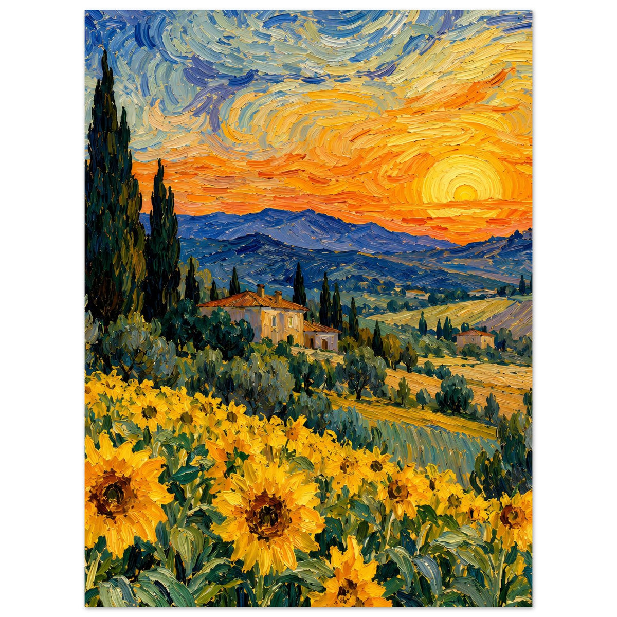 Kunstposter im Hochformat: gelbe Sonnenblumen, Zypressen und orangefarbener Himmel