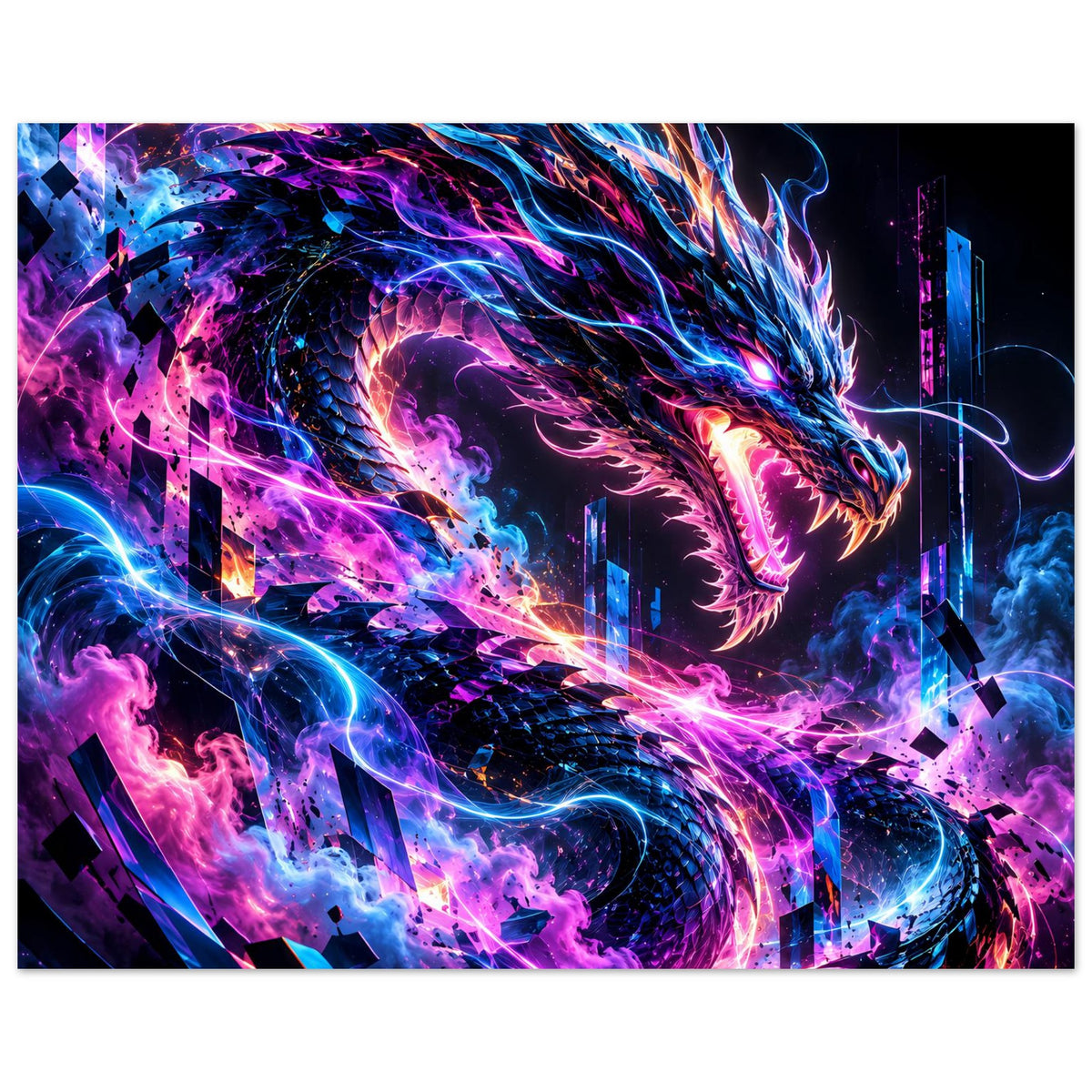 Neon-Cyberdrache-Poster im Querformat mit violetten, blauen und rosa Energieflüssen