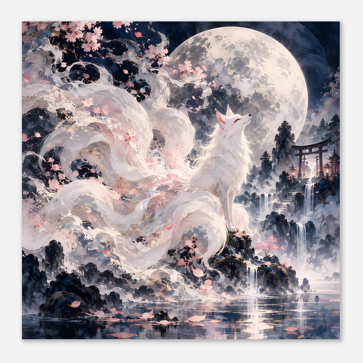 Fantasy-Poster mit weißem Fuchs, Vollmond und Kirschblüten am spiegelnden Wasser