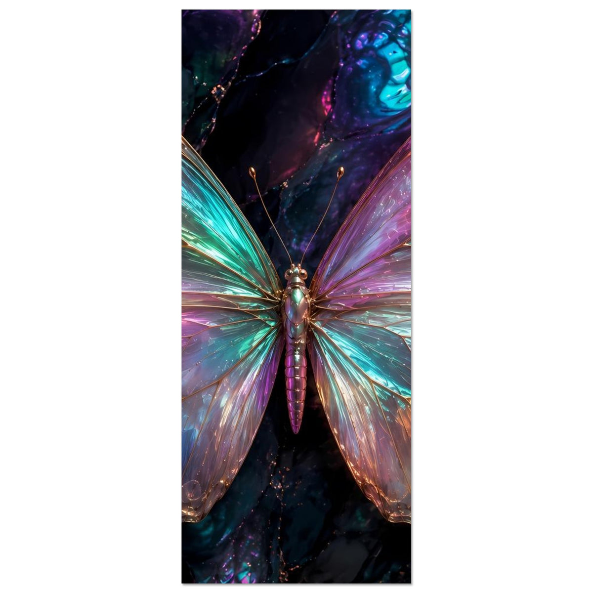 Schmetterlingsposter, mittig abgebildeter Schmetterling mit schimmernden Flügeln in Regenbogenfarben