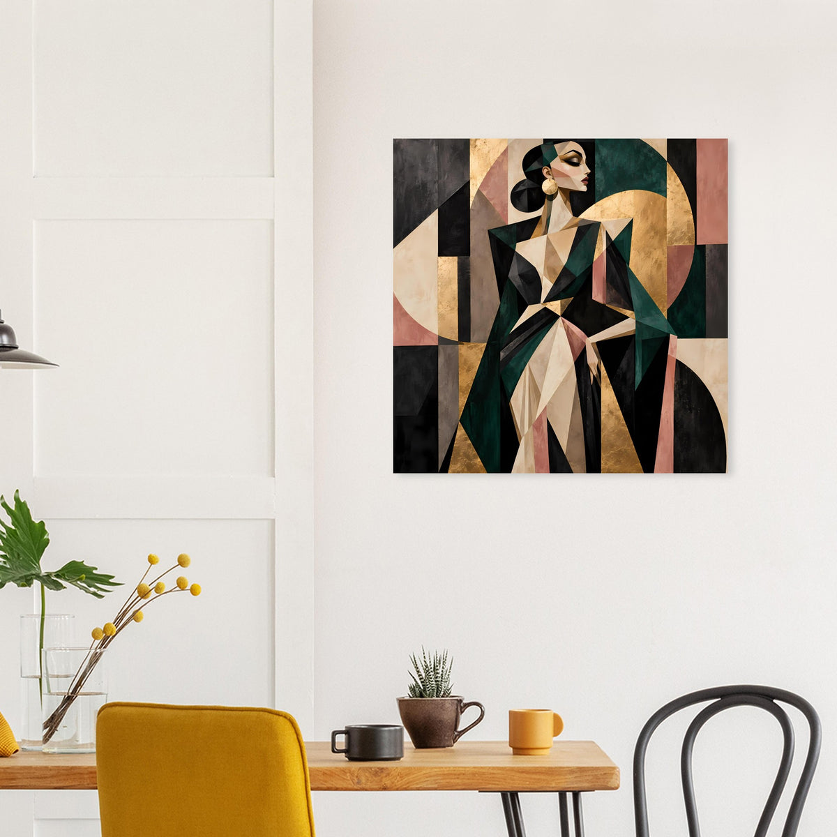 Abstraktes Poster mit geometrischer Frauenfigur in Olivgrün, Gold und Rosé