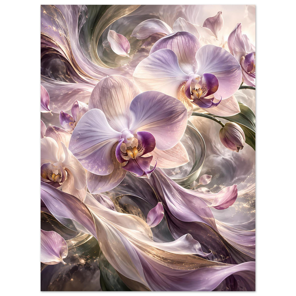 Blumenposter mit großen Orchideenblüten in Creme und Violett, umrankten Stielen