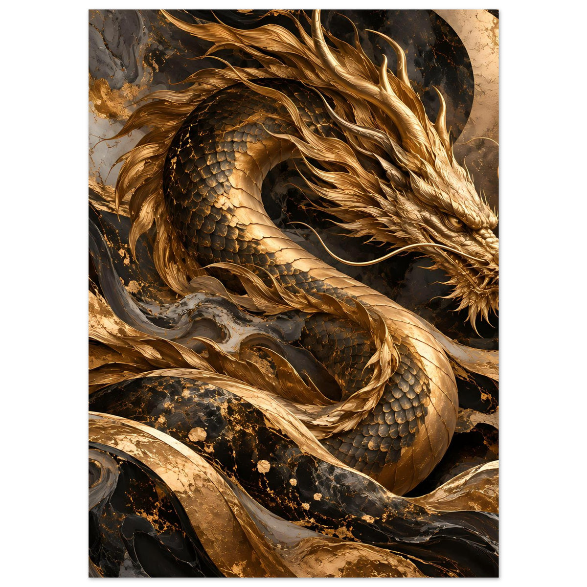 Großformatiges Fantasy-Poster: goldener Drache, Brust und Flammenmähne deutlich.