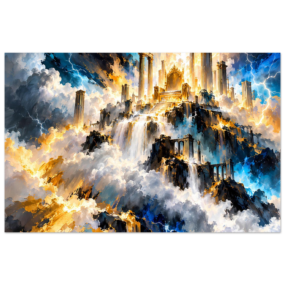 Fantasy-Poster breit: Wolkenlandschaft mit Ruinen, goldblaues Licht und farbige Energieblitze