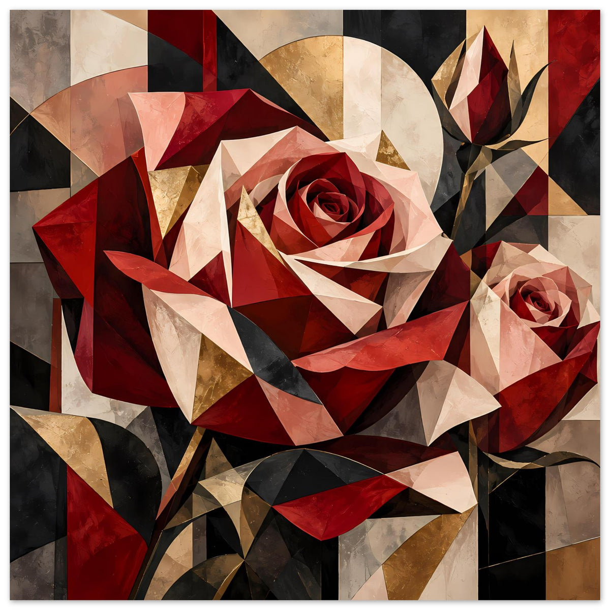Blumenposter mit großer geometrischer Rot-Gold-Rose und kleiner Rose rechts, roter Akzent