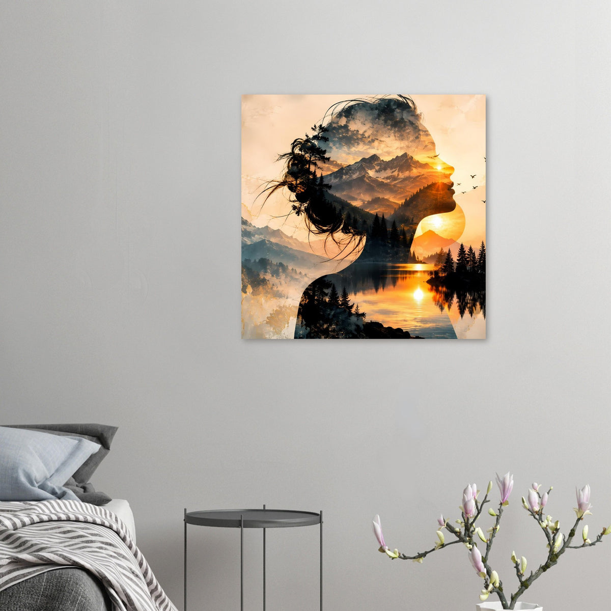 Quadratisches Poster mit Frauensilhouette, Bergsee-Landschaft und Sonnenuntergang als Doppelbelichtung