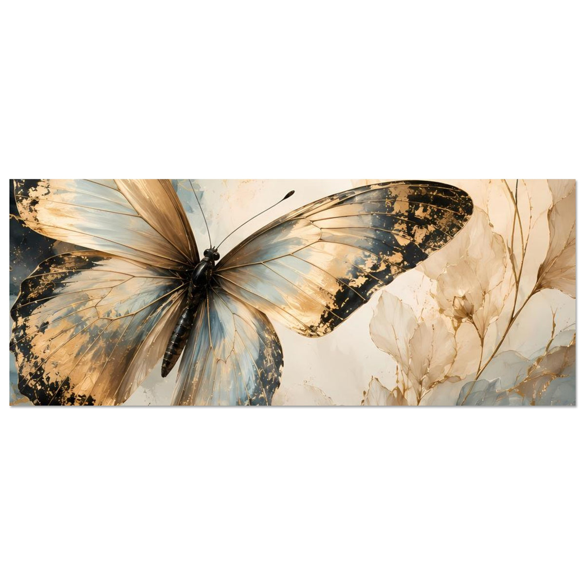 Schmetterlings-Poster horizontal mit gold-blauen Flügeln und beigen Blattzweigen