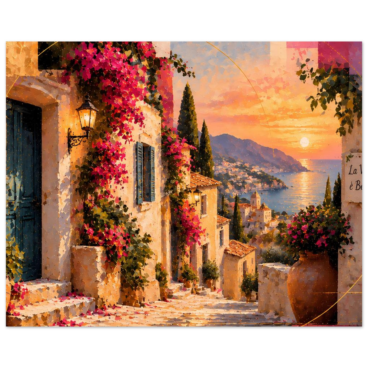 Poster mit mediterraner Gasse, Blüten und Sonnenuntergang über dem Wasser, matt