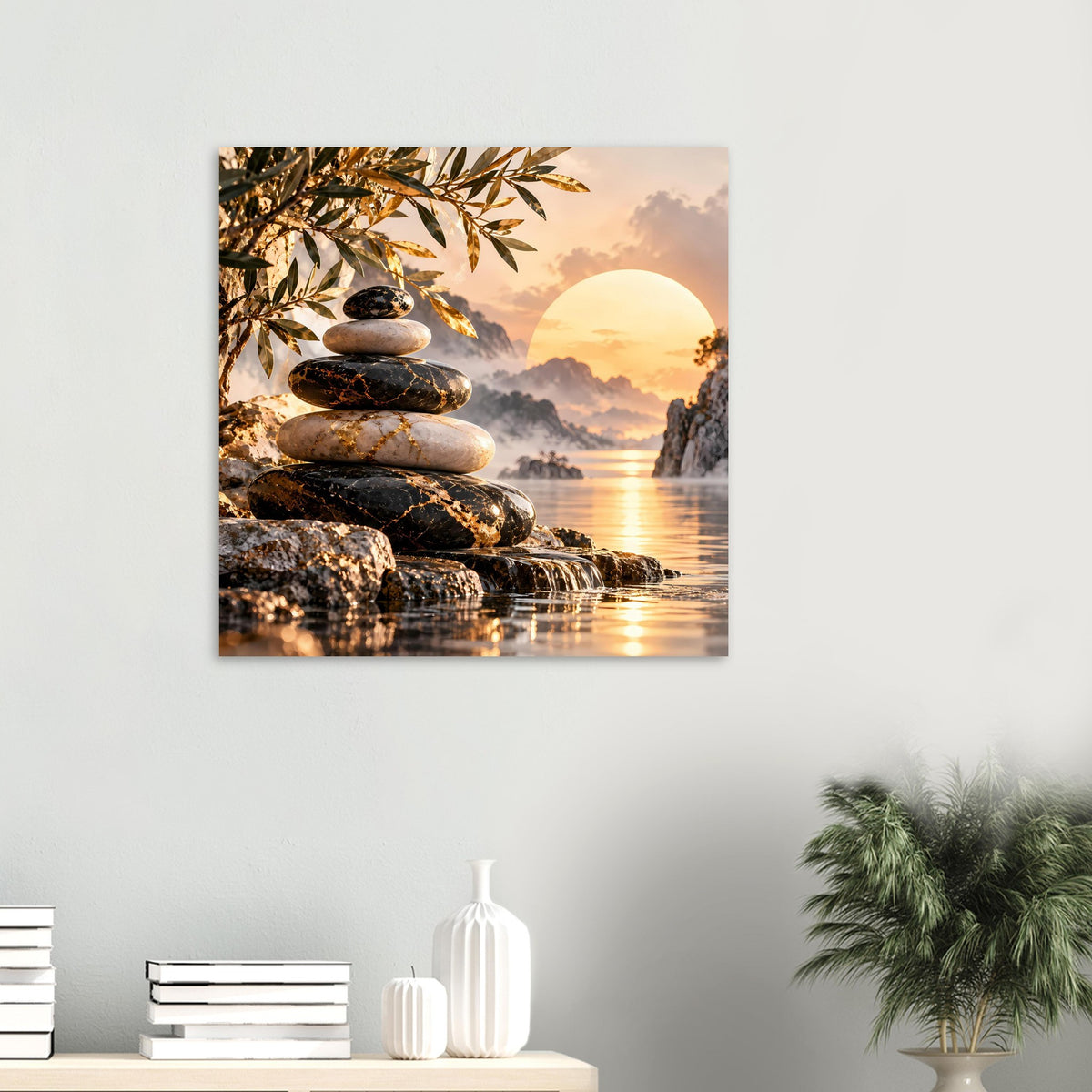 Wandposter mit Steinhaufen und Abendsonne am Meer, goldene Blätter im Bildmotiv