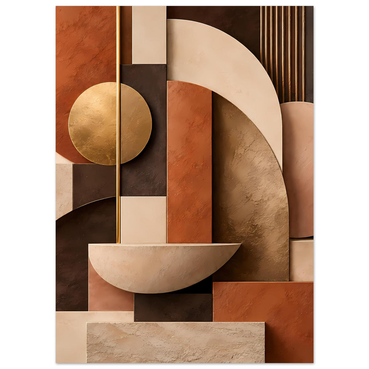 Kunstposter mit großen Halbkreisen und vertikalen Streifen, Terrakotta-Beige mit goldenen Flächen