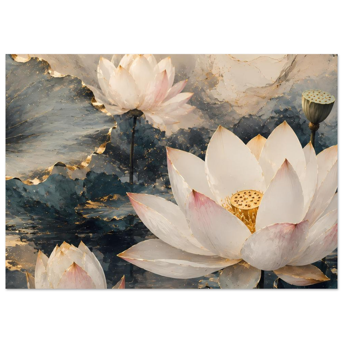 Lotusblumen-Poster mit weißer Blüte im Vordergrund, rosa Tönen und goldenem Detail, Querformat