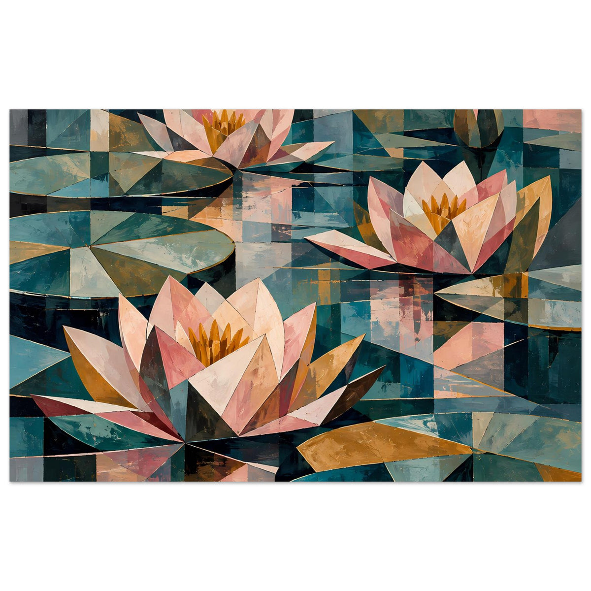 Geometrisches Seerosenblumenposter, pastell- und petrolfarbene Dreiecke, Querformat