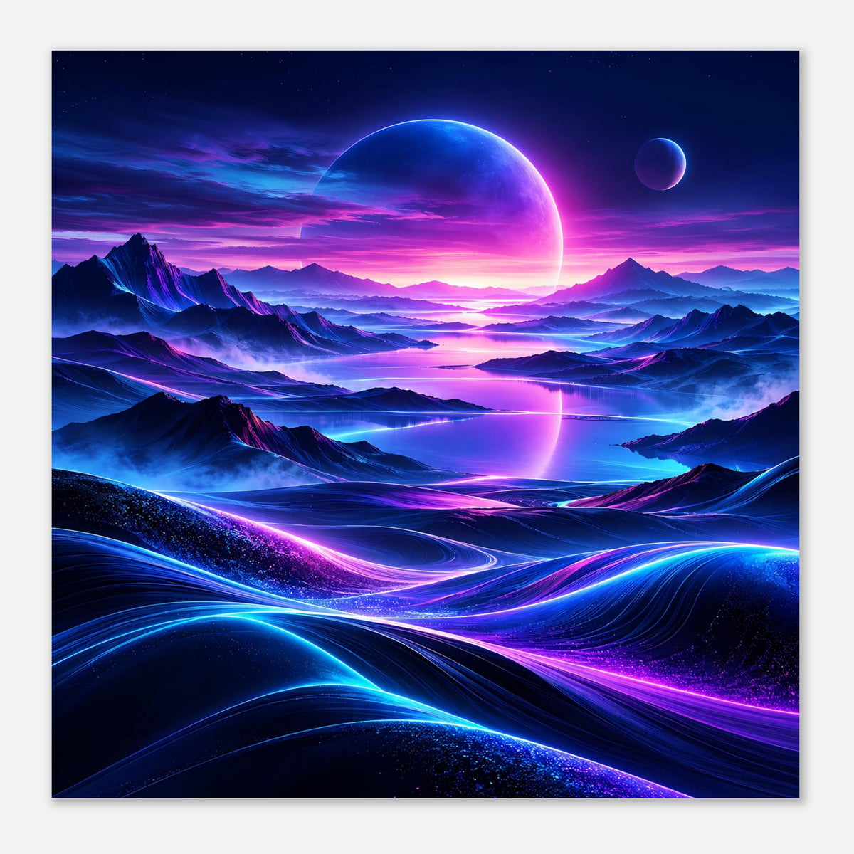 Quadratisches Neon-Weltraum-Poster mit großem blauen Planeten und pink-blauen Lichtlinien