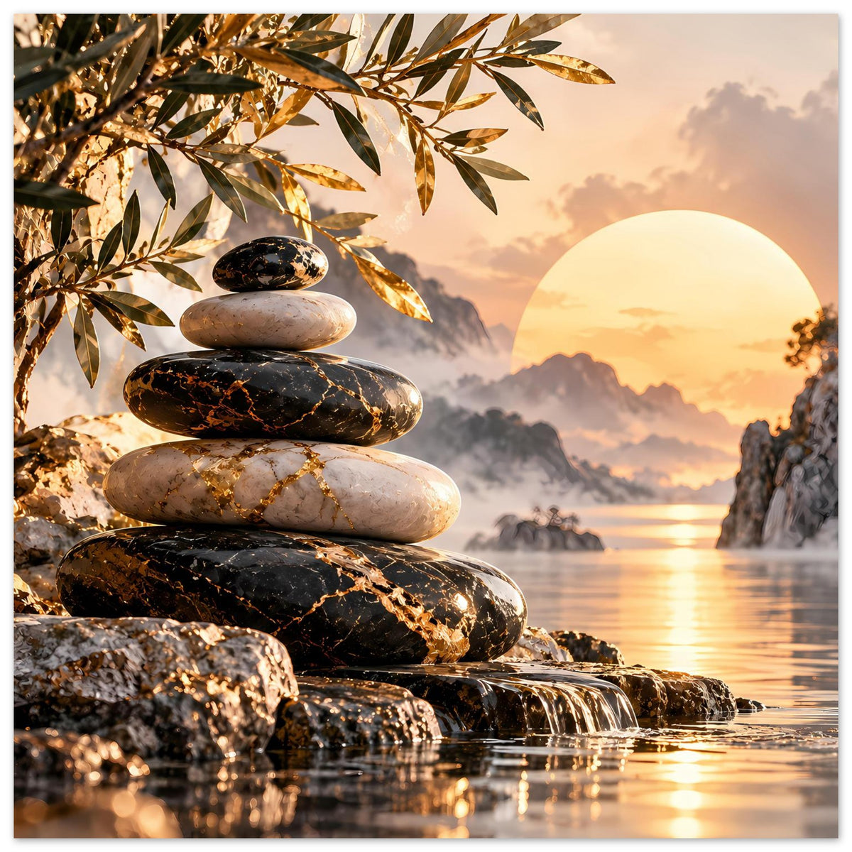 Poster mit Zen-Steinen, goldenen Zweigen links und runder Abendsonne, Wasser mit Lichtreflexen