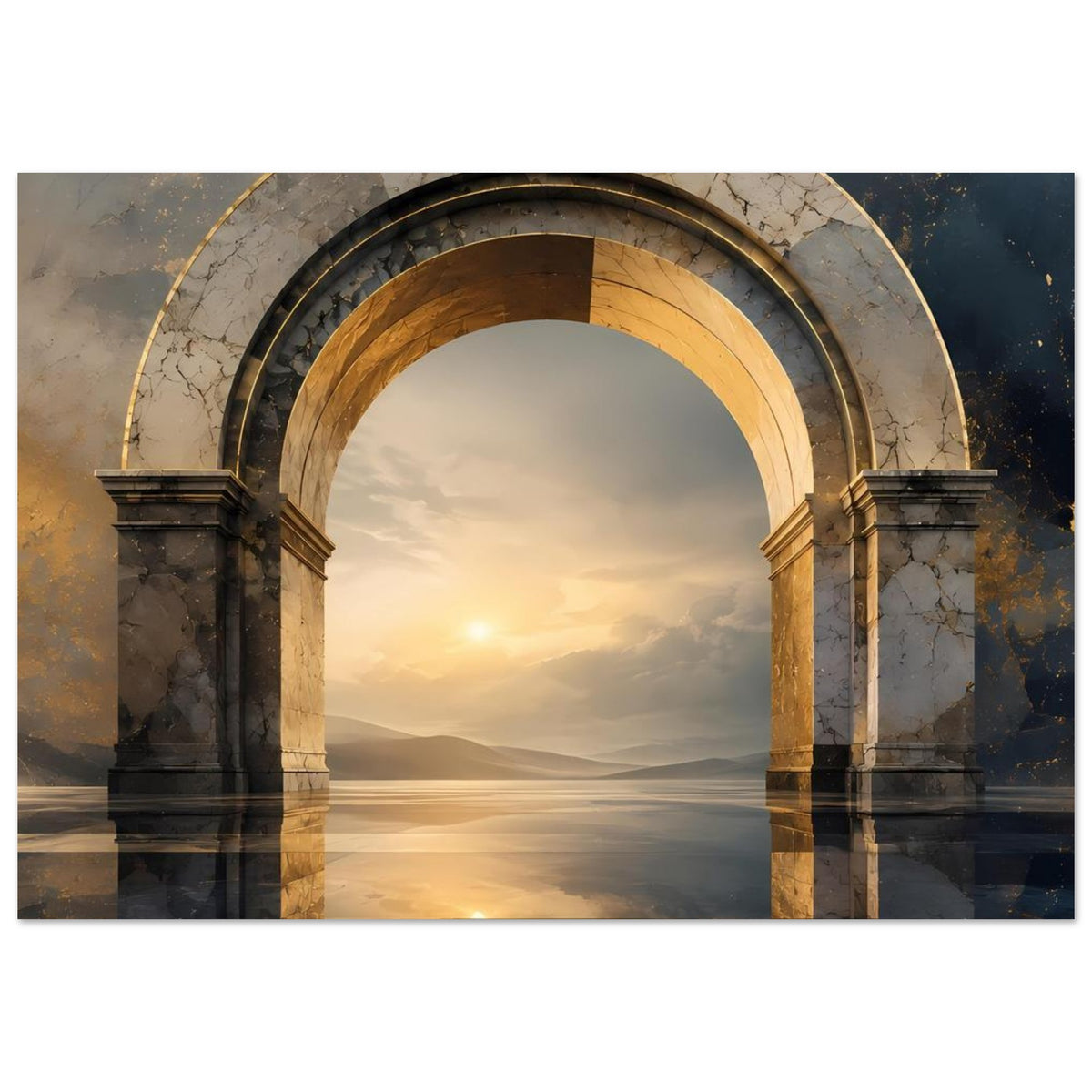 Wandposter: antiker Marmorbogen mit goldener Innenkante und spiegelnder Landschaft