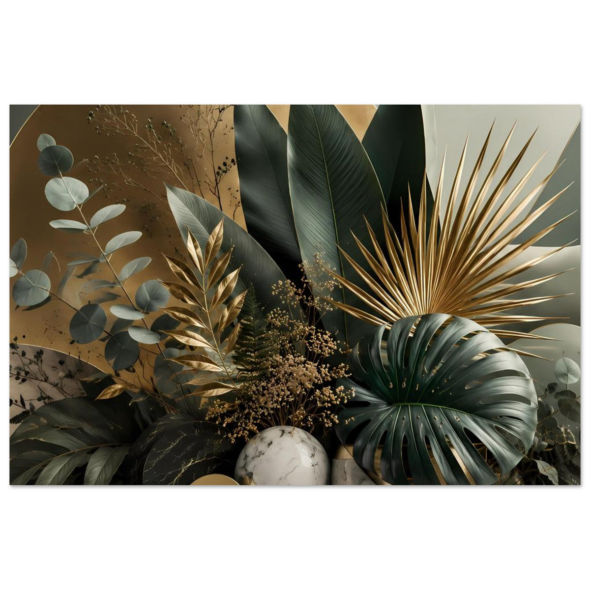 Botanisches Poster mit goldfarbenem Bogen, Eukalyptuszweigen, Palmenblättern und Marmorkugeln