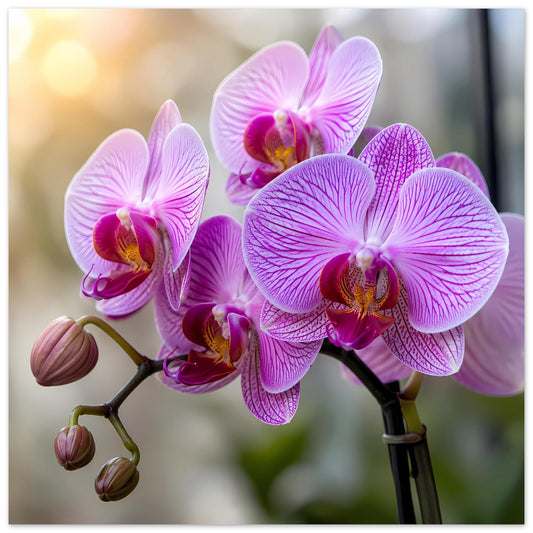 Poster mit violetten Orchideenblüten auf dunkelgrünem Stiel