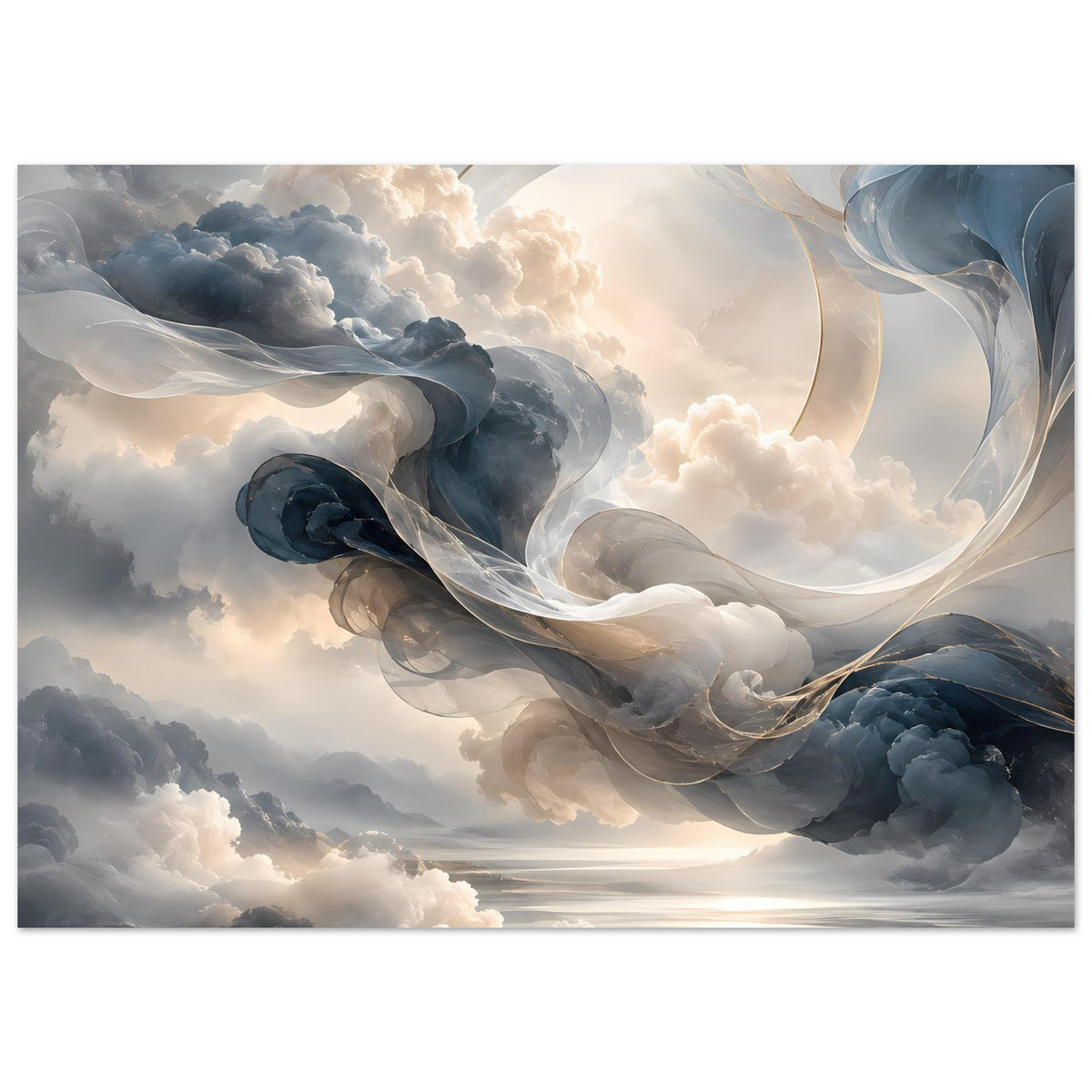 Horizontales Poster mit dramatischen Wolken und geschwungenen, hellen Bandformen
