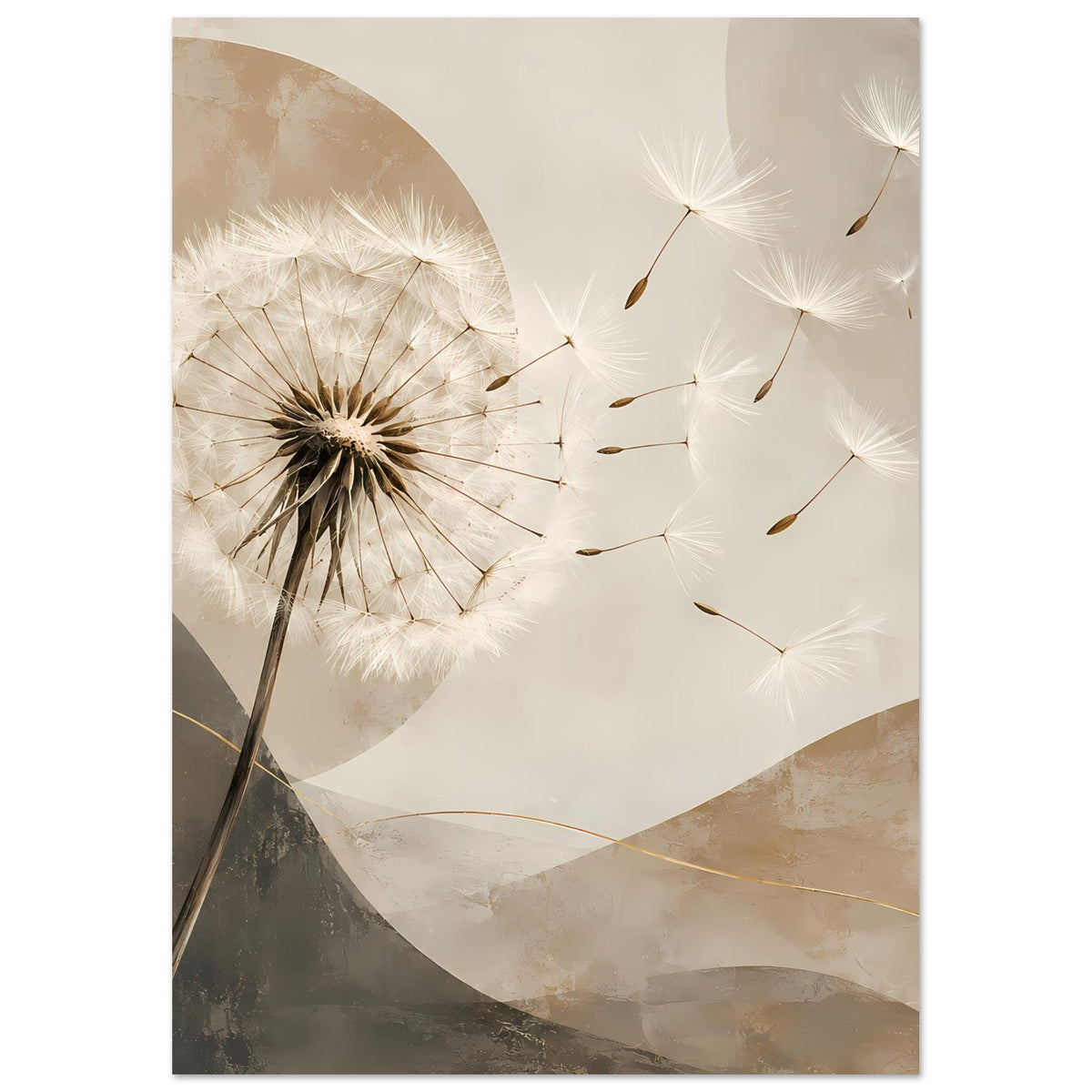 Vertikales Poster mit Pusteblume links, Pastellflächen in Beige, Grau und Creme