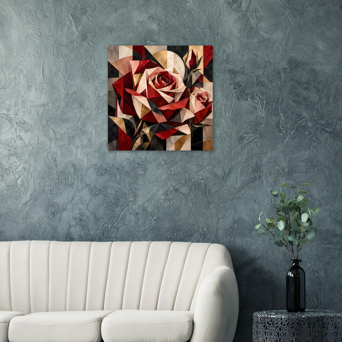 Blumenposter mit geometrischer Rose in Rot-, Gold- und Cremetönen