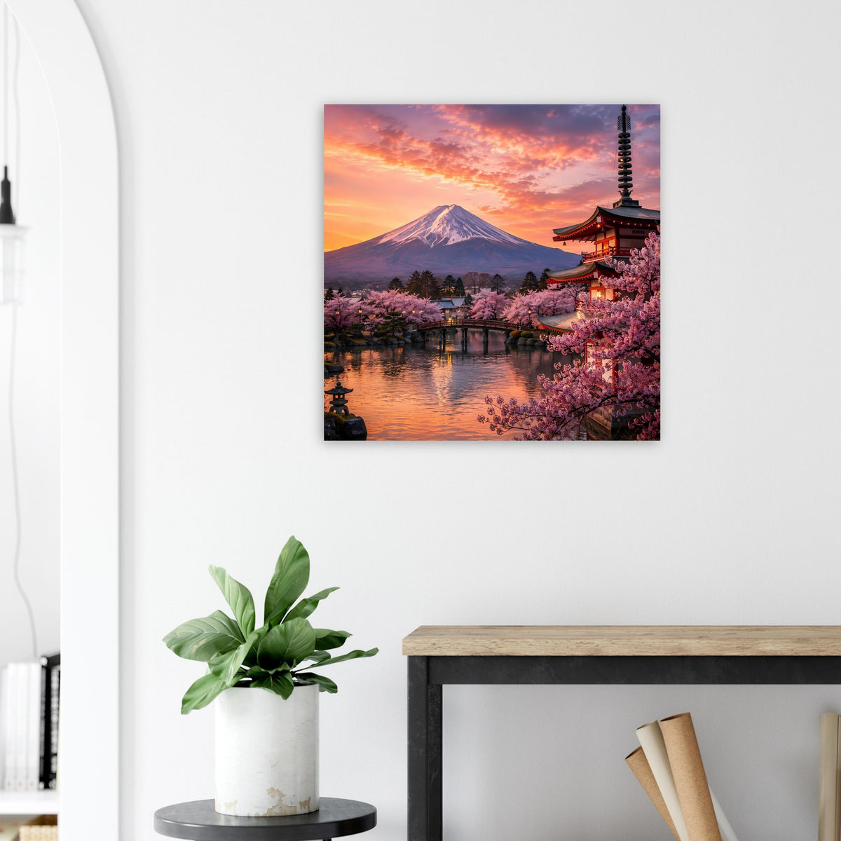 Poster mit Berg Fuji, Kirschblütenallee, Pagode und Abendsonne