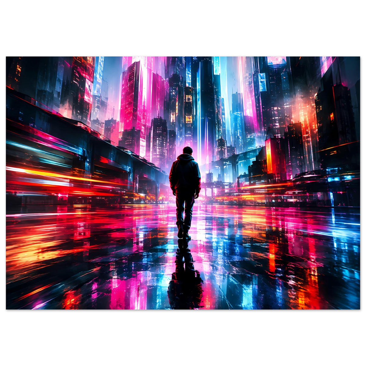 Querformat-Cyberpunk-Poster: Straßenspiegelungen in Blau, Pink und Orange mit stehender Figur.