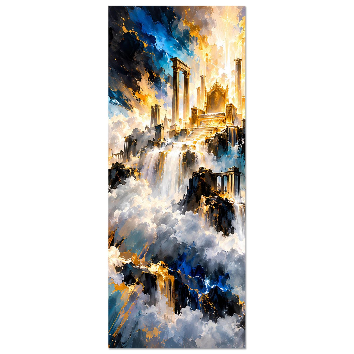 Fantasy-Poster im Hochformat: goldene Tempelsäulen, Wolkenlandschaft und blaue Felswände.