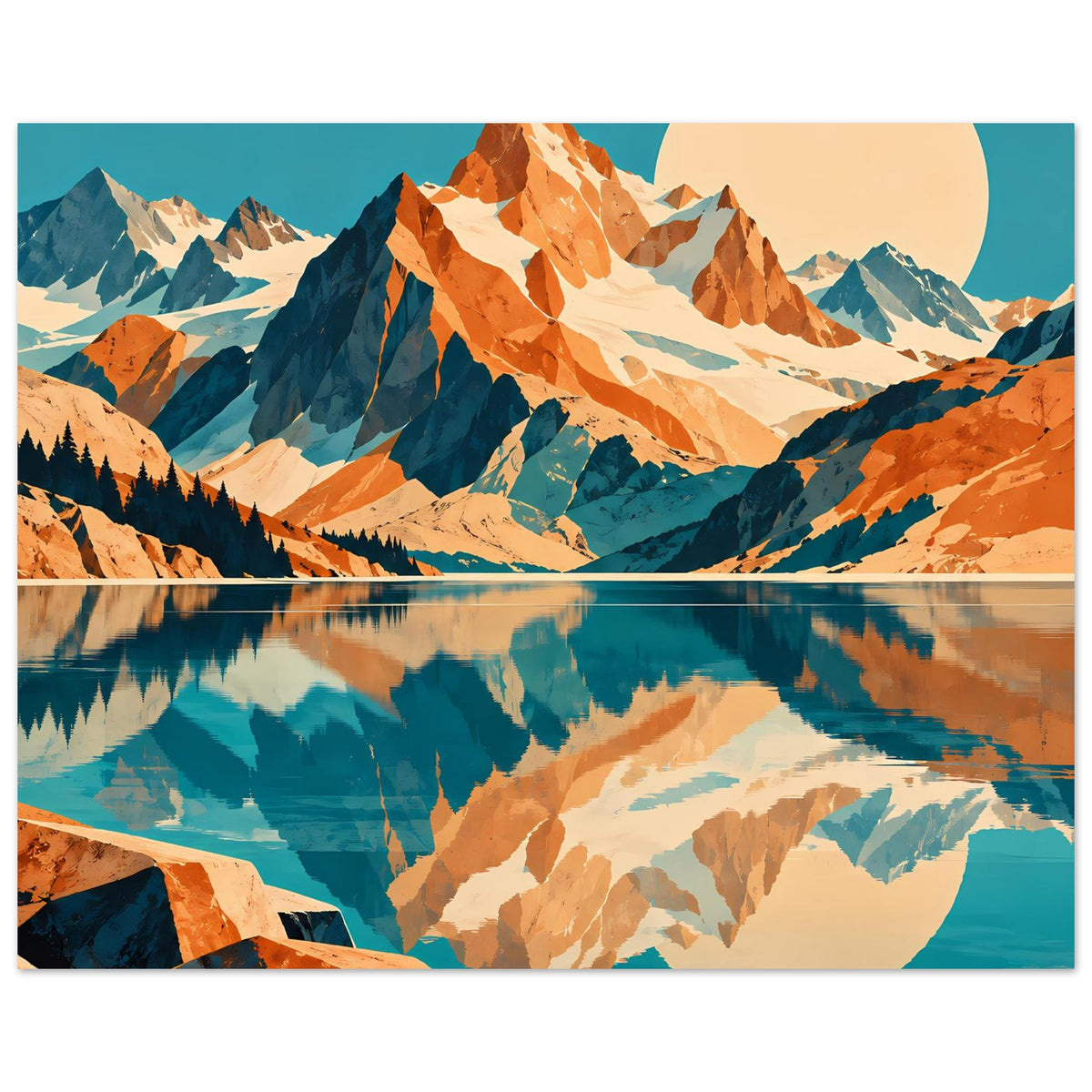 Naturposter mit Bergpanorama und Spiegelung im See, kräftige Blau-Orange-Töne