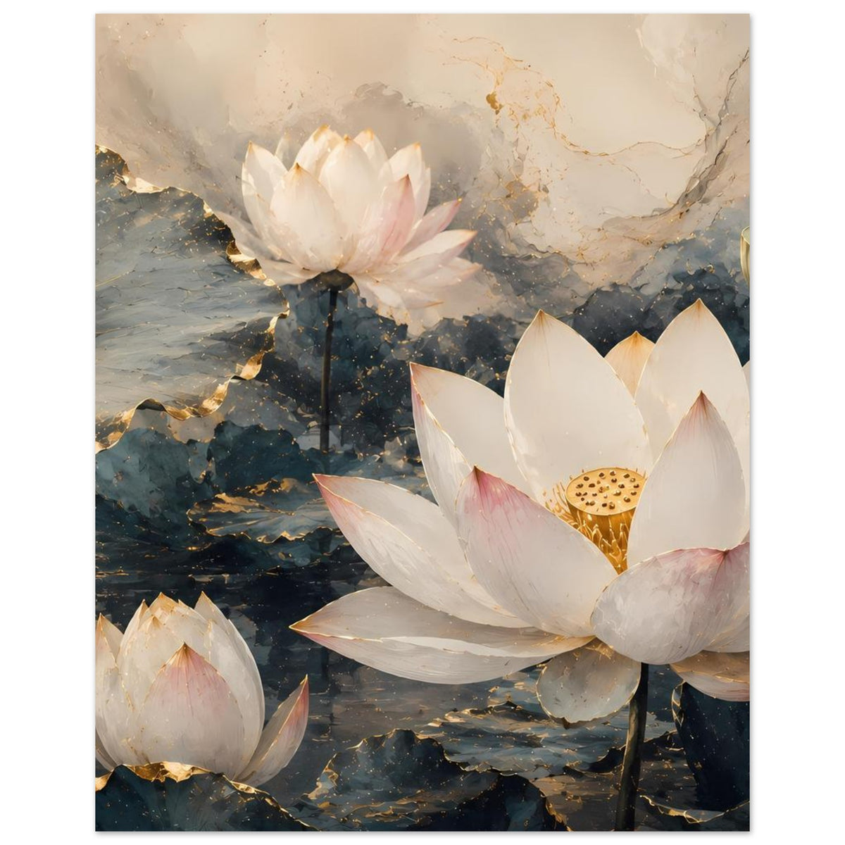 Lotusblumen-Poster mit weißen Blüten, dunklem Wasser und Goldakzent