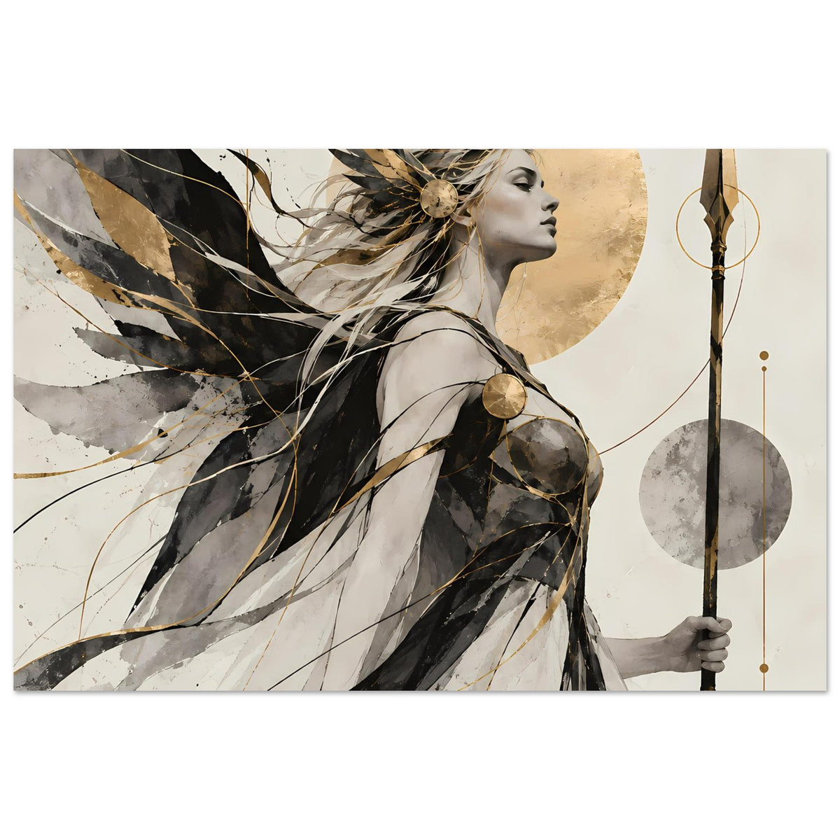 Querformat-Kunstposter mit Kriegerin im Profil, hält Speer, schwarze Schattierungen und Gold.