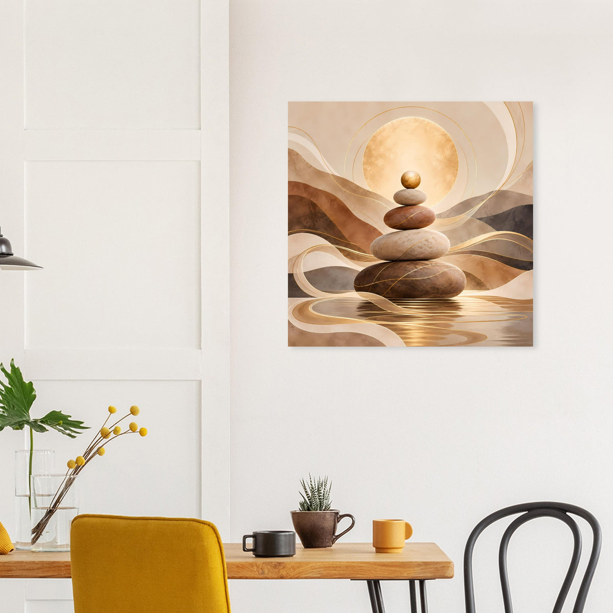Zen-Poster mit Stapel Steinen, warmen Erdtönen und goldenen Akzenten
