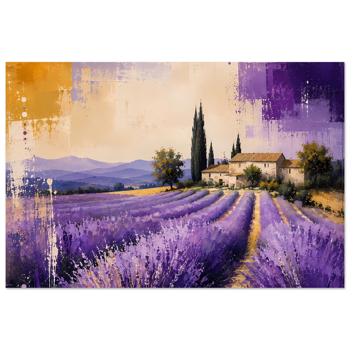 Lavendel-Landschaftsposter mit violetten Feldern, Lavendelblüten und Bauernhaus