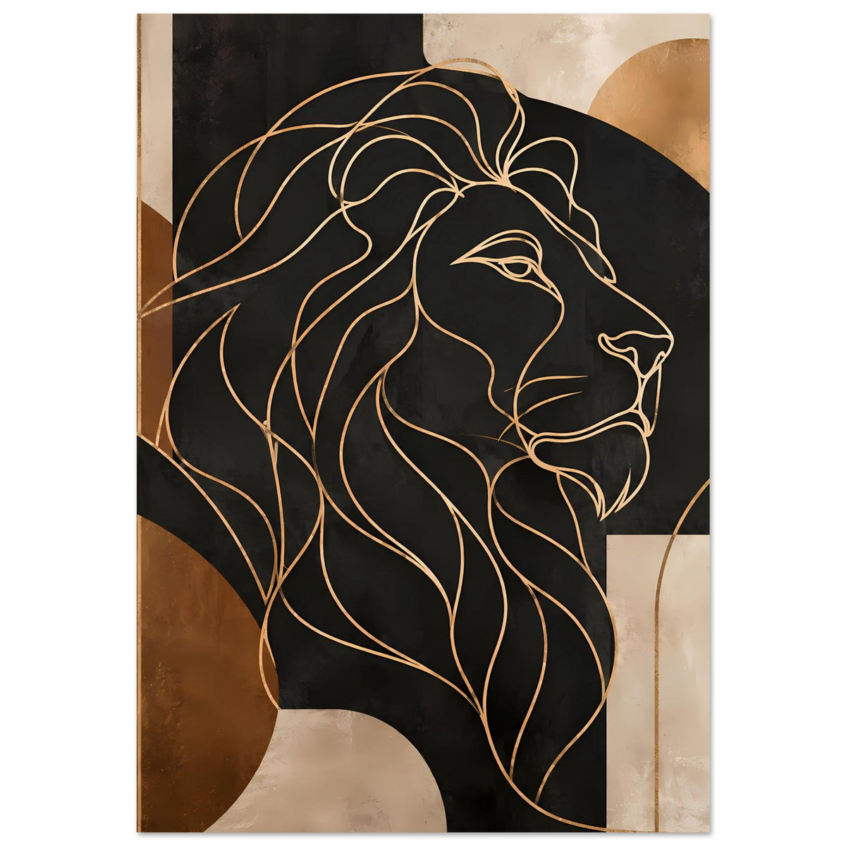 Poster mit geometrischem Löwenmotiv: schwarze Form mit goldener Linienkunst, Vorderansicht des Löwen