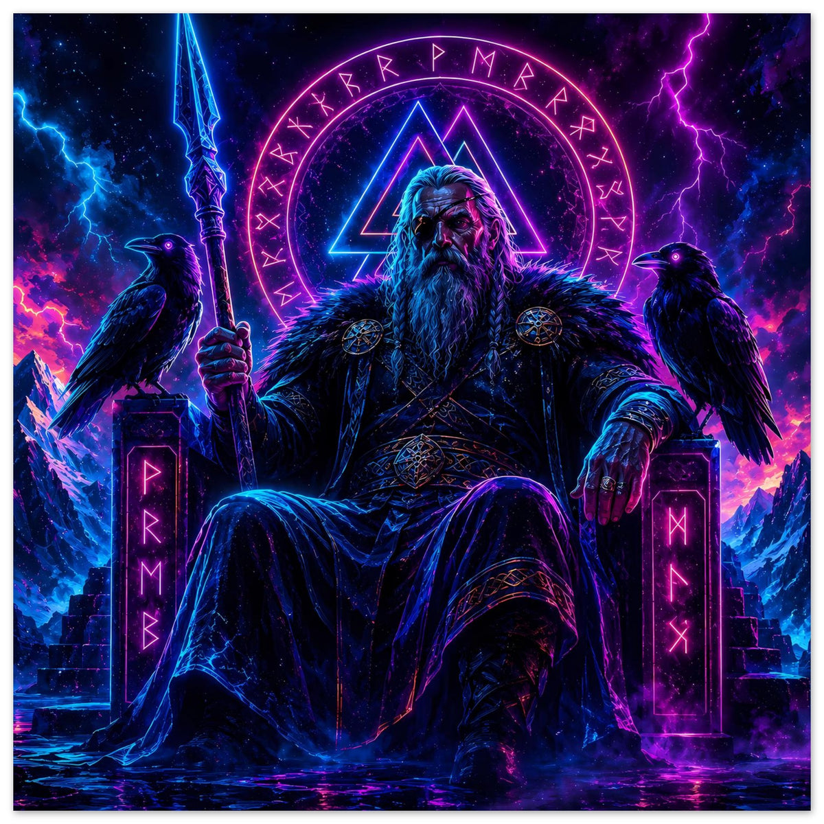 Fantasy-Poster: Wikingerkönig mit langem Bart, Mantel, Schwert, leuchtende Runen im Kreis und Dreieck