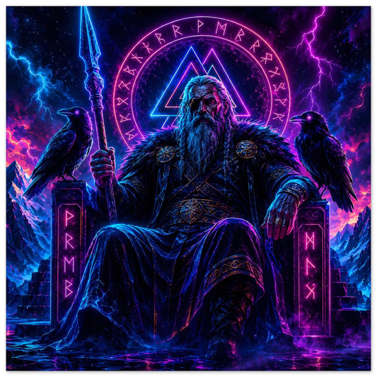 Fantasy-Poster: Wikingerkönig mit langem Bart, Mantel, Schwert, leuchtende Runen im Kreis und Dreieck