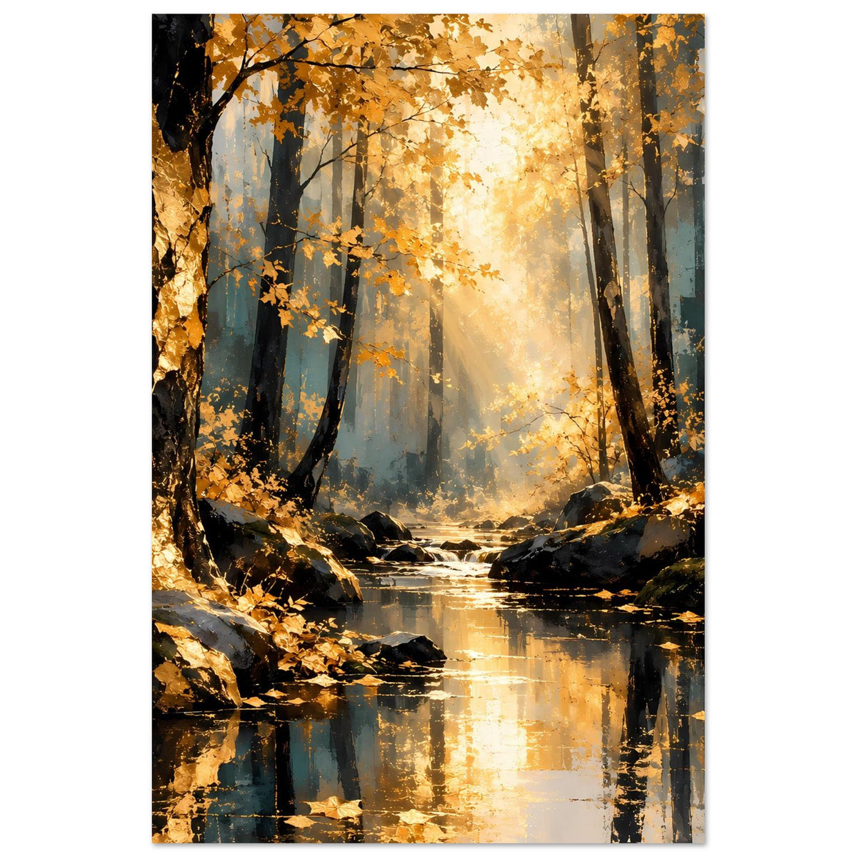 Vertikales Herbstwald-Poster mit goldenem Schein, dunklen Baumstämmen und ruhigem Bach
