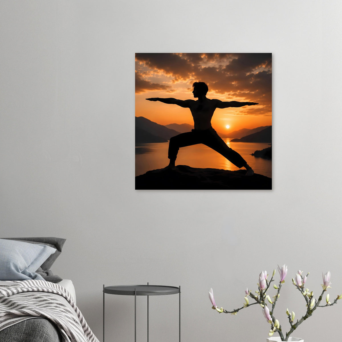 Yoga-Poster in kleiner Ansicht: Kriegerpose-Silhouette beim Sonnenuntergang, Querformat