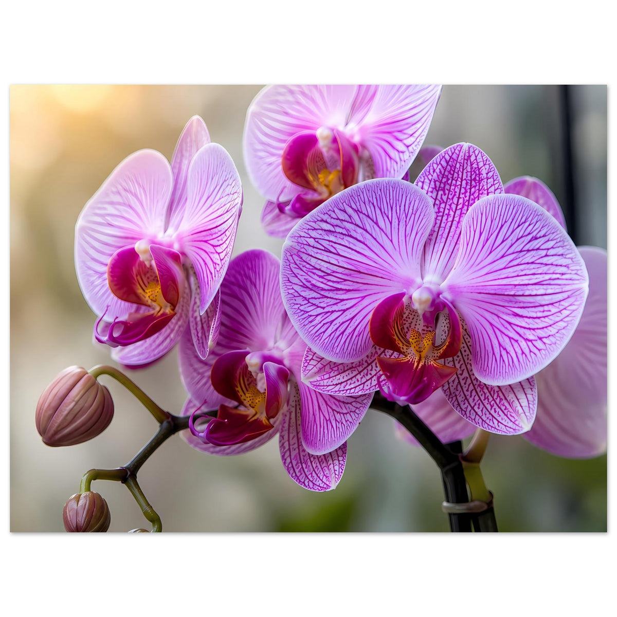 Orchideenposter mit violett-pinken Phalaenopsisblüten, mehrere Blüten auf einem Stiel
