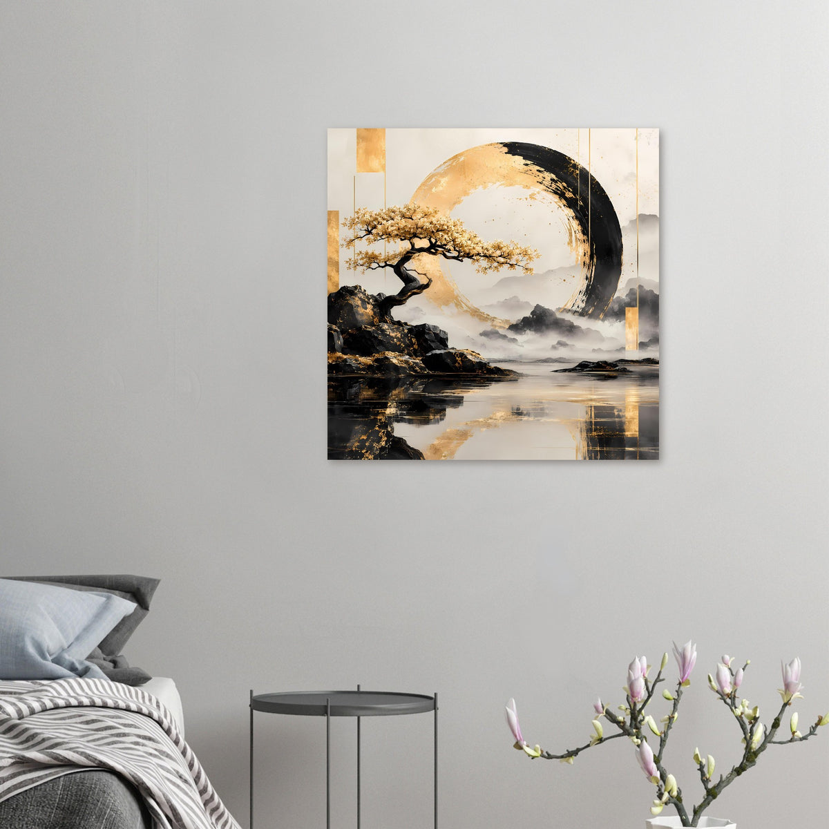 Kleines Wandposter mit gold-schwarzem Kreis, Baumast, Felsen und Wasserlandschaft
