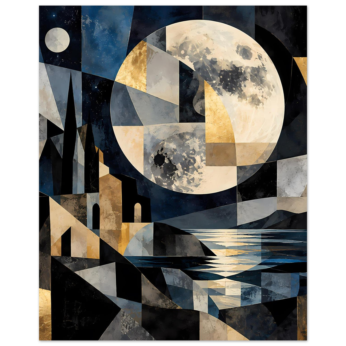 Poster im Hochformat mit geometrischer Mondlandschaft, abstrakten Türmen und Brücke in Blau/Grau/Gold