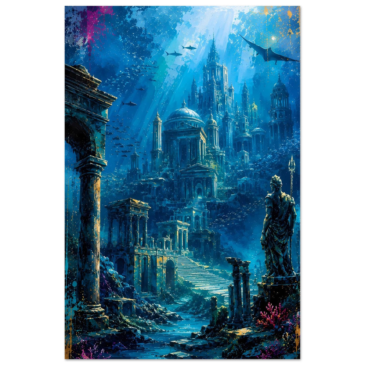 Unterwasserstadt-Poster mit blauem Atlantis, Kuppel im Zentrum, Statue rechts auf Steinsockel