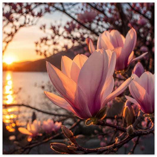 Magnolienblüten Poster mit rosa-lila Blütenknospen und warmem Sonnenuntergang im Hintergrund