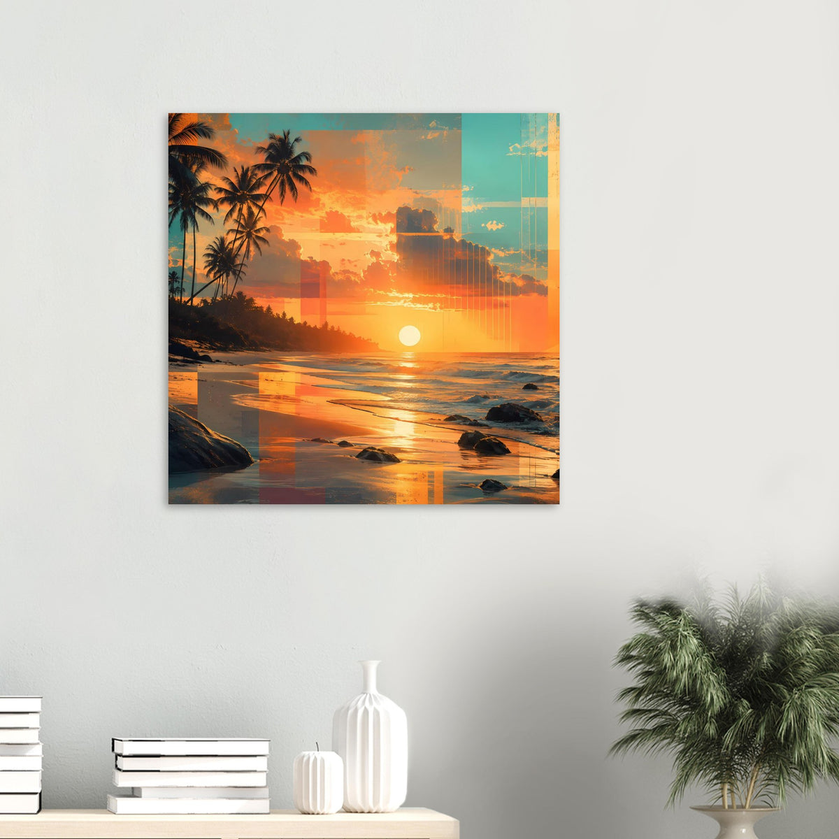 Poster mit Sonnenuntergang am Strand, Palmen und spiegelndem Meer